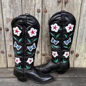 Vintage Tall J.Chisholm Butterfly and Floral Inlay Women's Cowboy Boots